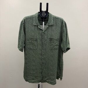 Paul Fredrick 100% Linen Shirt XL Tall Green Herringbone Button Up Short Sleeve